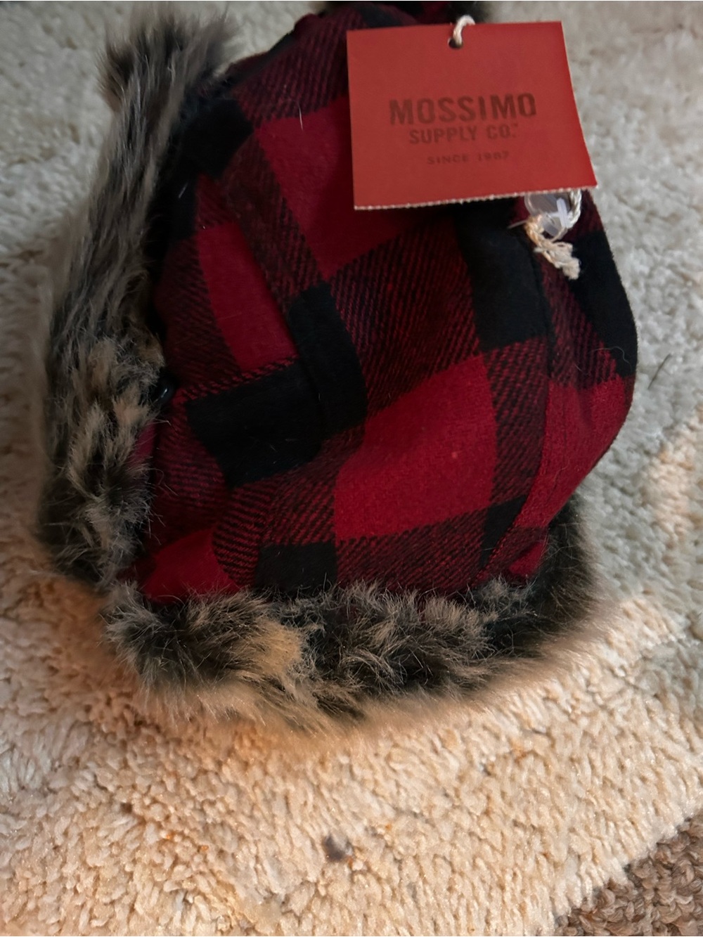 NWT- Mossimo Supply Co. Kid’s Red and Black Buffalo Plaid Faux Fur Trapper Hat